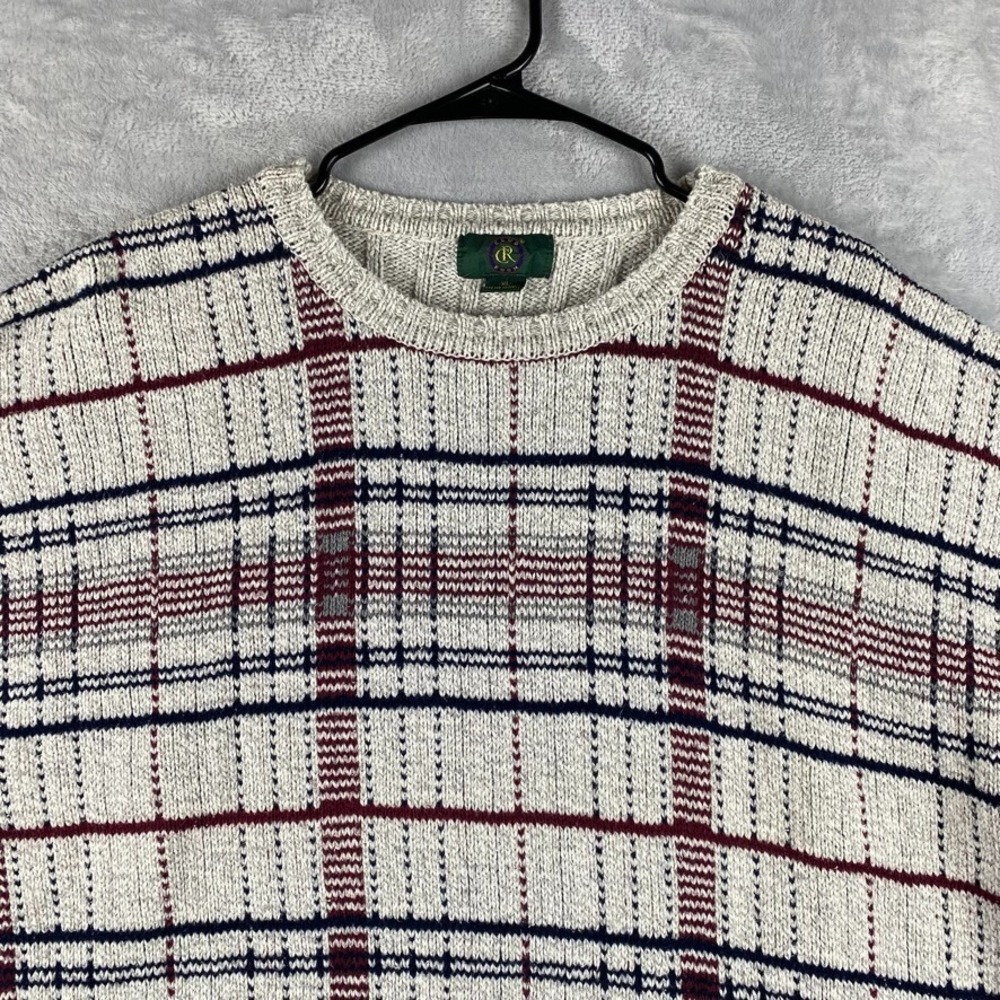 Vintage Club Room Sweater Men XL Ivory Cream Plaid Crewneck Pullover Made In USA - Picture 3 of 8